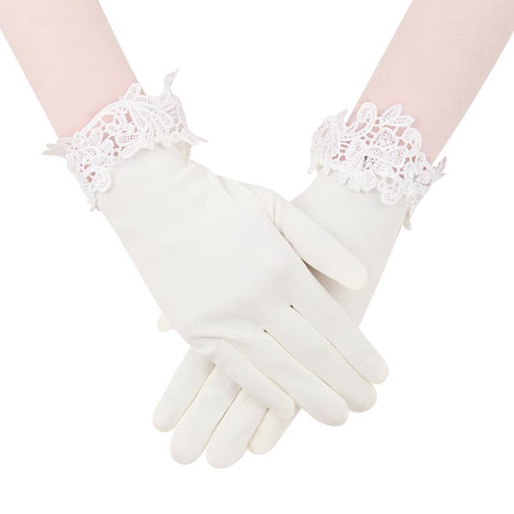 Guanti da sposa in raso opaco color avorio con pizzo per la vendita all'ingrosso da parte di Floris Linens