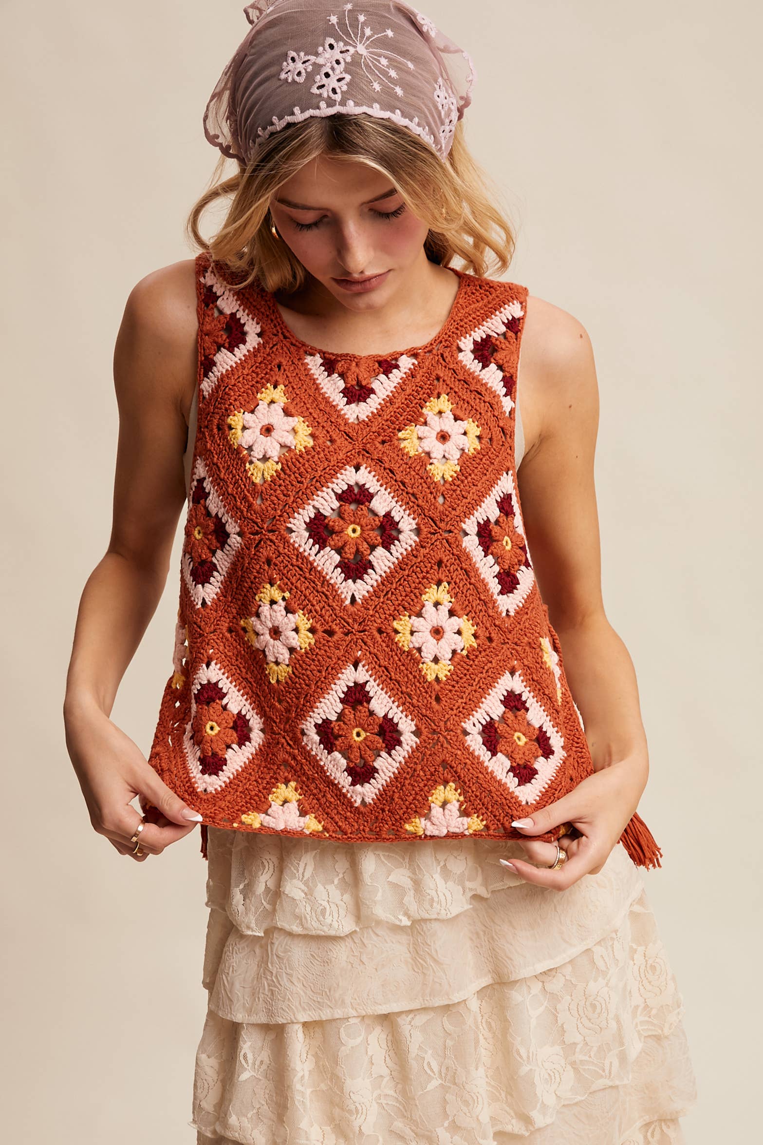 Listicle - Wholesale Sweater Vest - Women's - Crochet Granny Square Tassel Tie Vest LSW100626