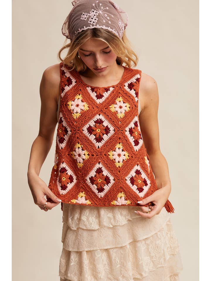 Listicle - Wholesale Sweater Vest - Women's - Crochet Granny Square Tassel Tie Vest LSW100626