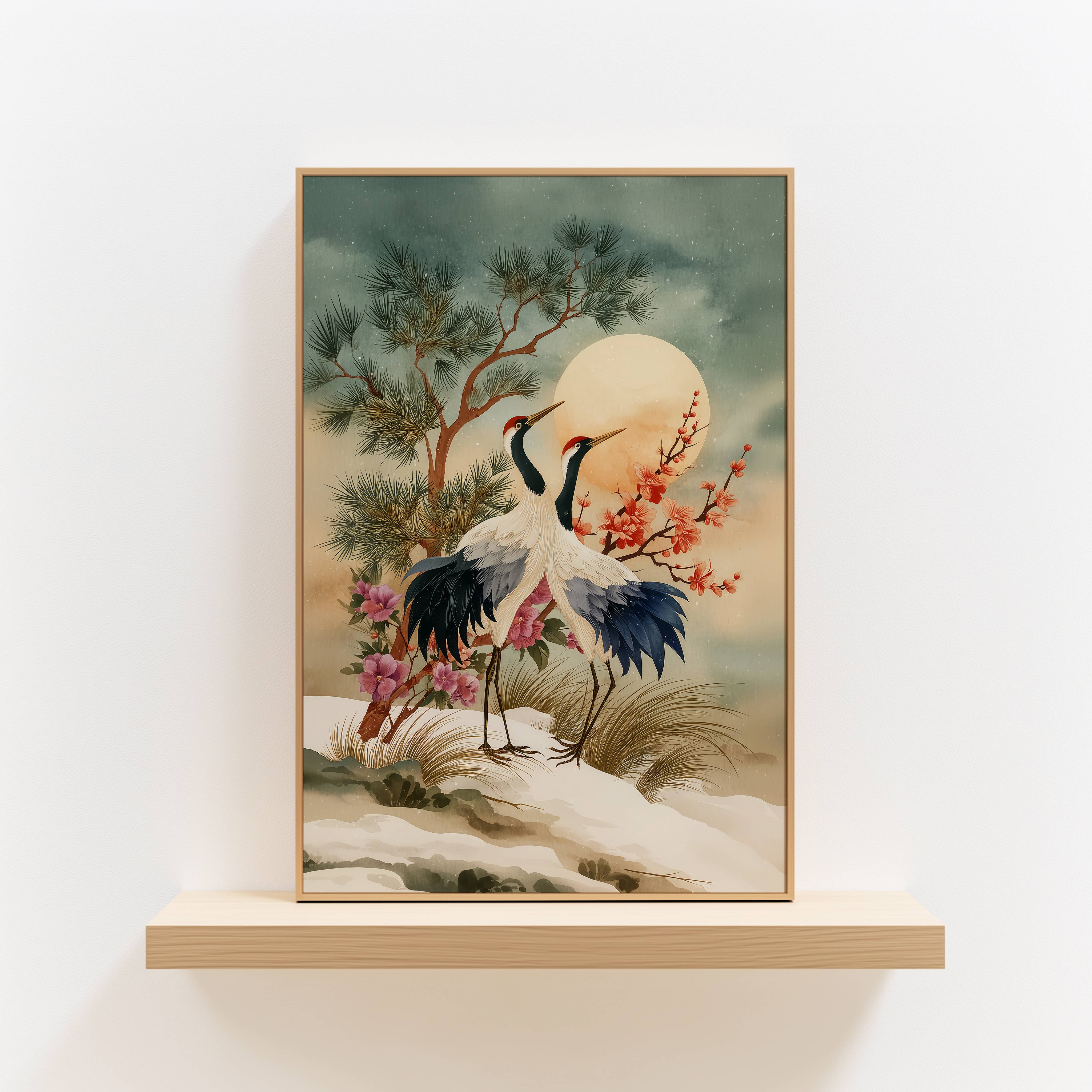 IuliiaArtPrints – wholesale Art print – Winter Red-Crowned Cranes, Japanese Snow Landscape Art Print