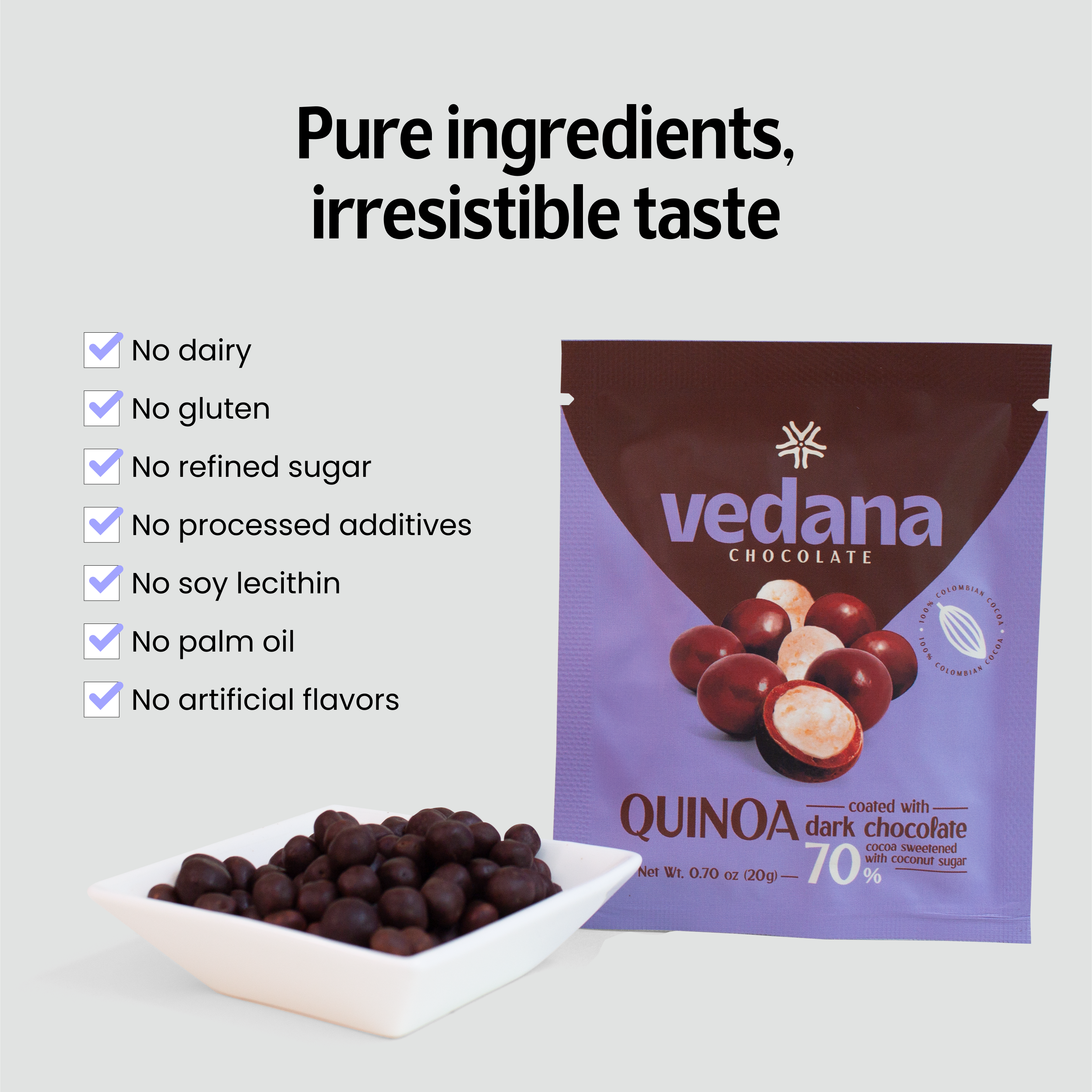 Vedana Chocolate - Wholesale Chocolate Covered Sweets - Puffed Quinoa coated in Dark Chocolate3