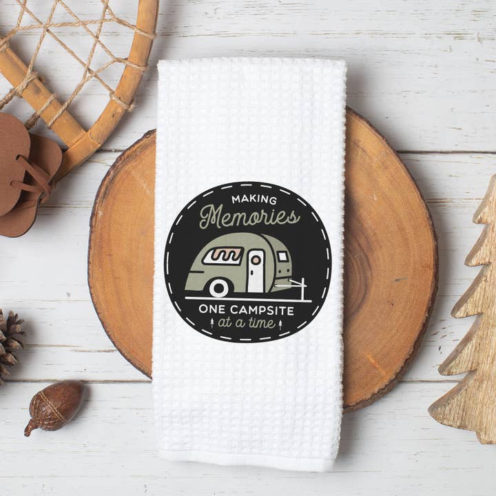 Campsite Memories Towel, RV Camper Kitchen Decor for wholesale by Canary Road