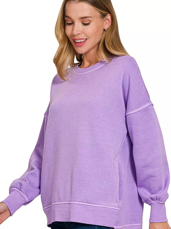 Zenana pigmentfarvet fleece sweatshirt med høj-lav kant og lomme for engroshandel hos Garden Naked