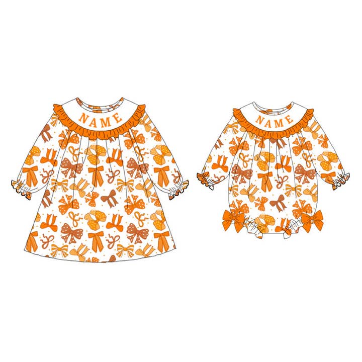 Girls Fall Custom Name Embroidery Smock Bow Print Dress & Bubble for wholesale by Auraquise