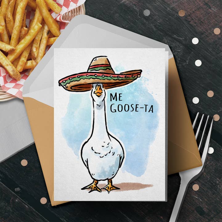 "Me Goose-ta" Grappige Spaanse Gans Woordgrap Valentijnskaart voor wholesale door Aaron Millard Illustration