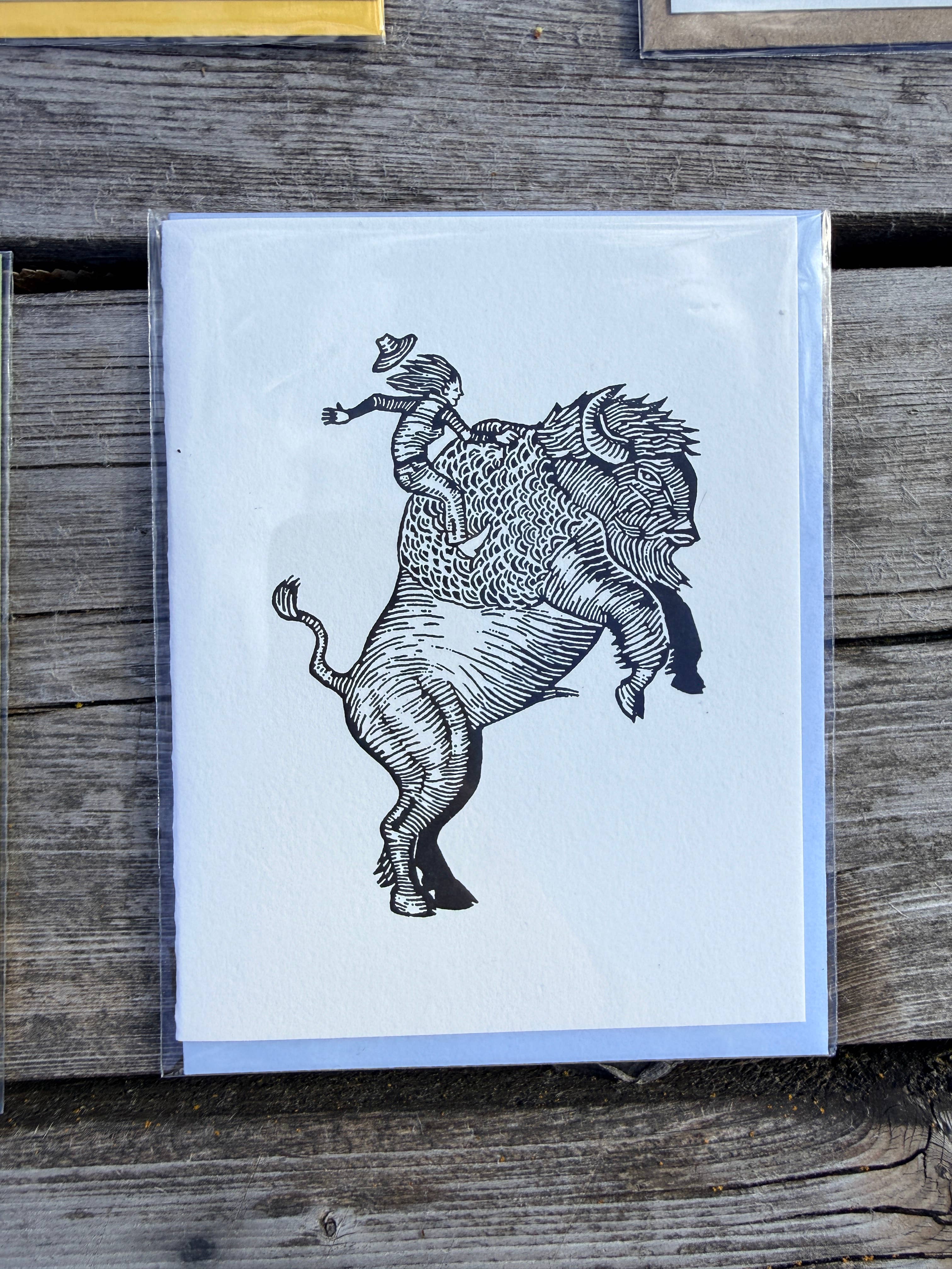 Anomal Press - Wholesale Everyday Greeting Card - Bison Rider linocut relief print card6