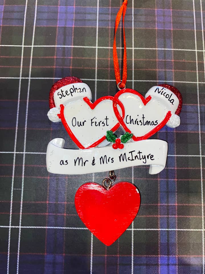 Personalised Tree Decoration - 2 Hats, 3 Hearts for wholesale by Dekassa