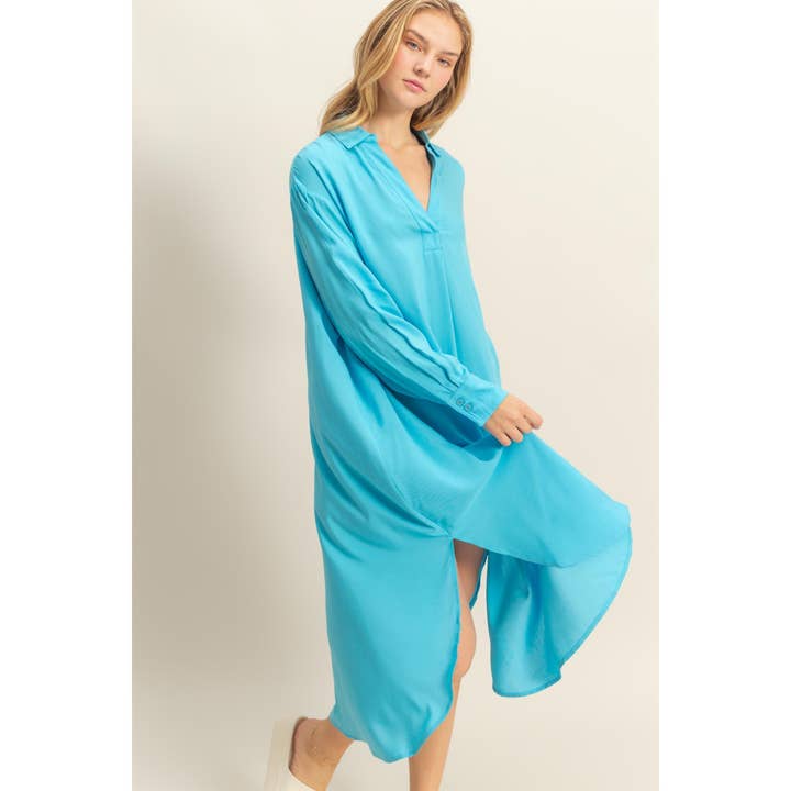 HYFVE – Großhandel Kleid – Damen – DZ24E706-V-Ausschnitt Langarm Midi-Hemdkleid