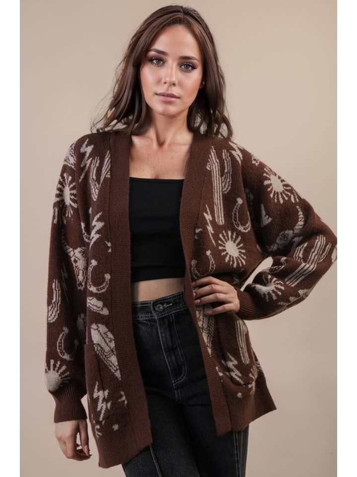 VERY J - Wholesale Cardigan - Women's - 12W3393N-Oversized Western Graphic Knit Sweater Cardigan0
