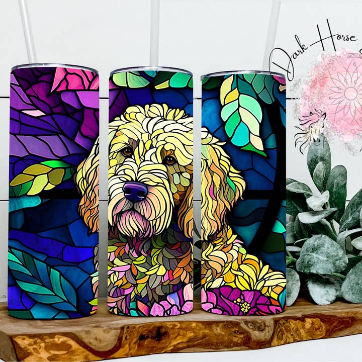 Bicchiere Goldendoodle in vetro colorato per cani/cani per la vendita all'ingrosso da parte di Dark Horse Dream Designs LLC