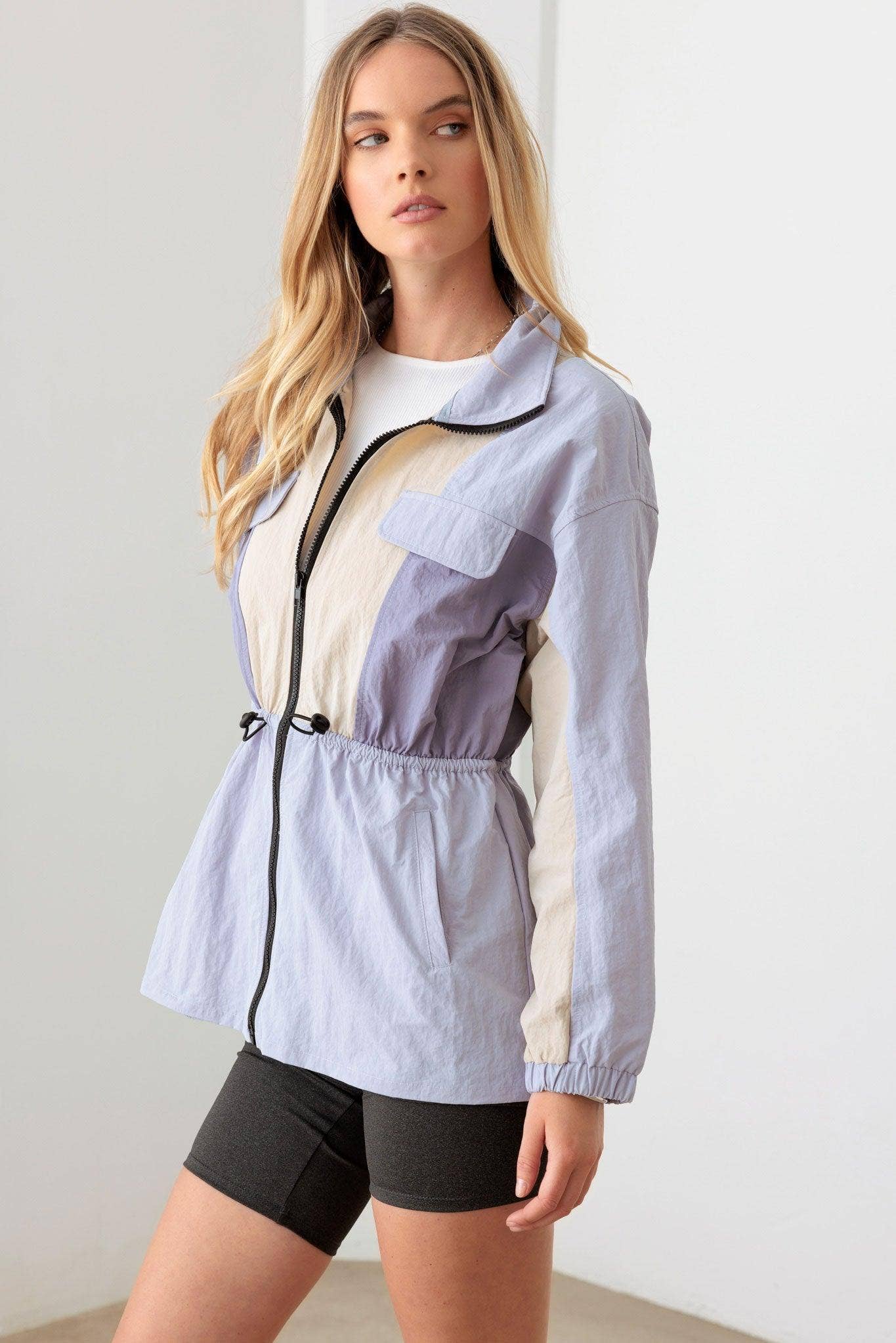 Lavender Color Block Collared Wind Breaker Jacket for wholesale on Faire4