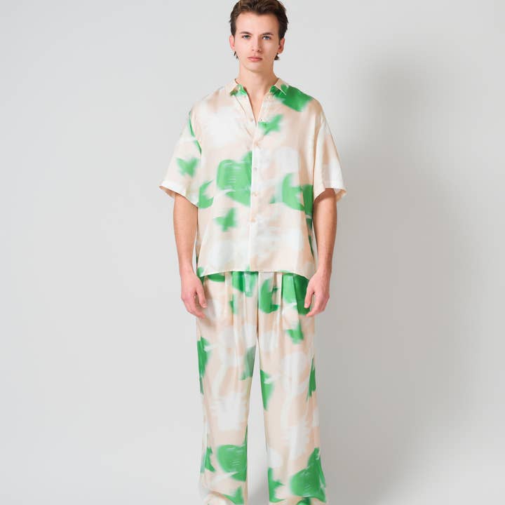 "Frida's Dream " Wide-Leg Silk Palazzo Pants - Green for wholesale by Lost Pattern NYC