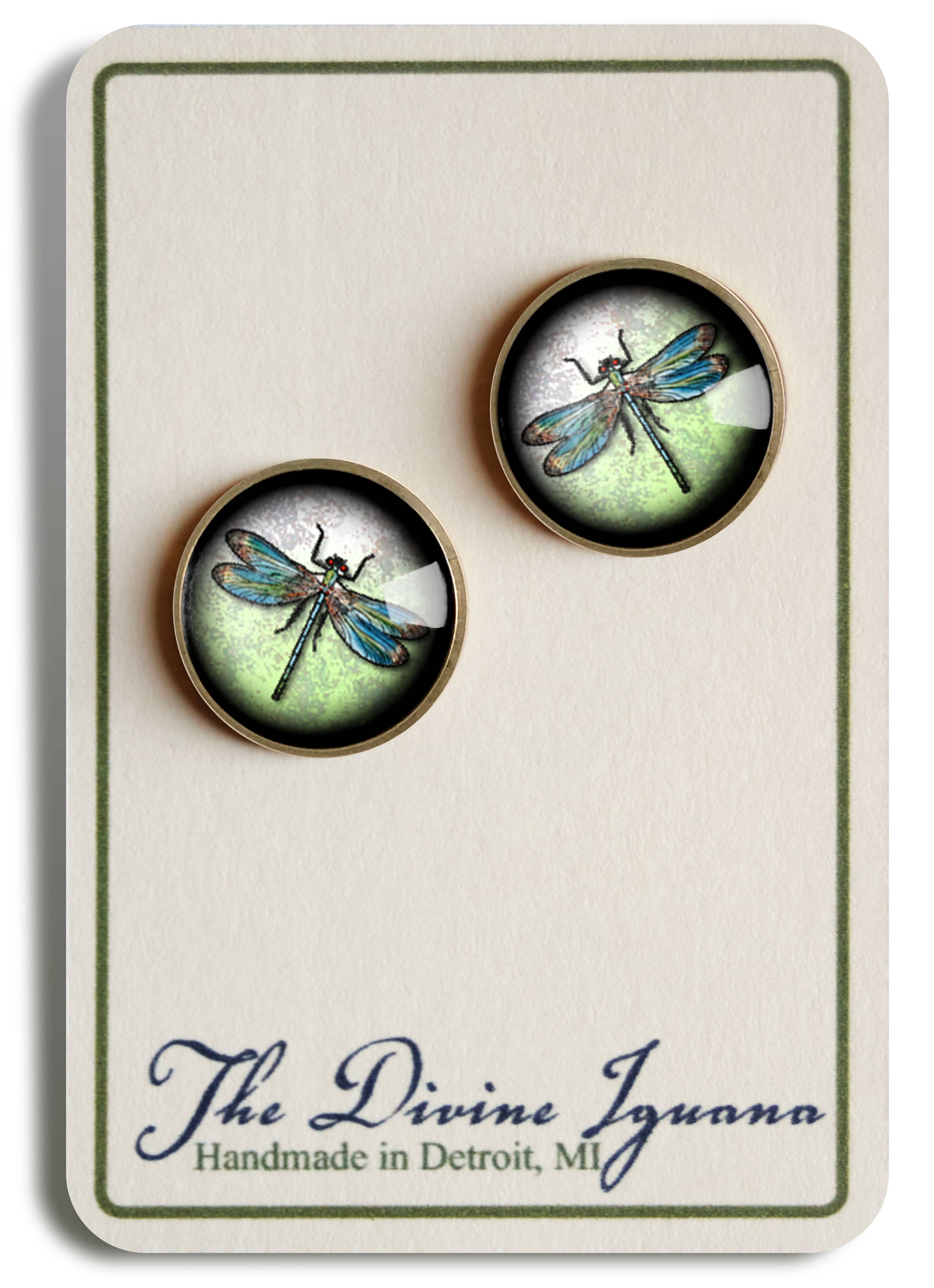 The Divine Iguana - Wholesale Stud/Post Earrings - Dragonfly Vintage Inspired Glass Cabochon Stud Earrings1