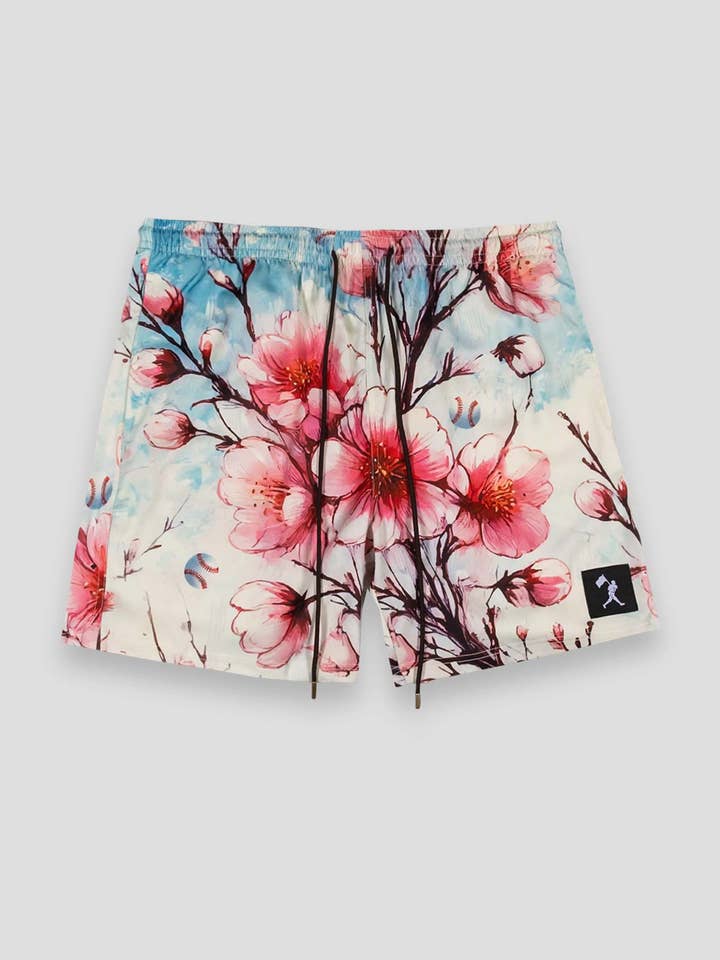 Shorts in raso di lusso Cherry Blossom Baseball Diamond per la vendita all'ingrosso da parte di Baseballism
