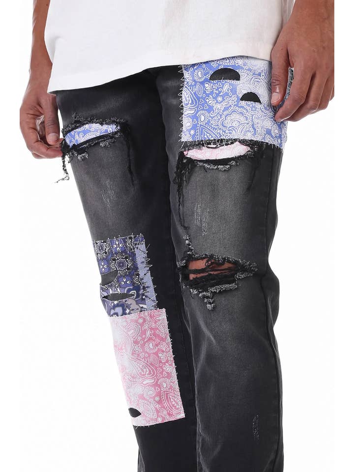 KDNK - Wholesale Jeans - Men's - MULTI PAISLEY PATCH JEANS4