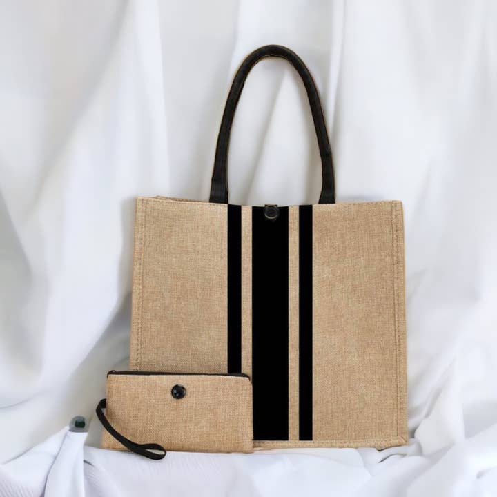 Black stripped tote bag with mini purse for wholesale by Subli Vinyl Blanks