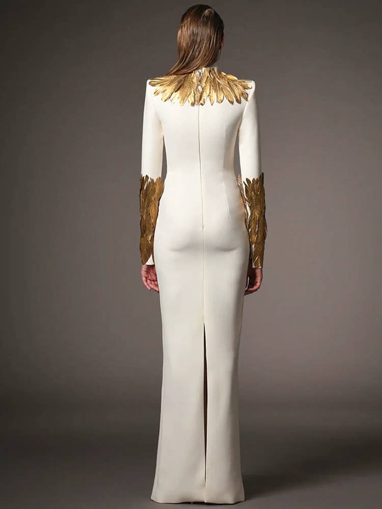 Cream 39Y Graceful Long Evening Dress with Golden Feather Details for wholesale on Faire1