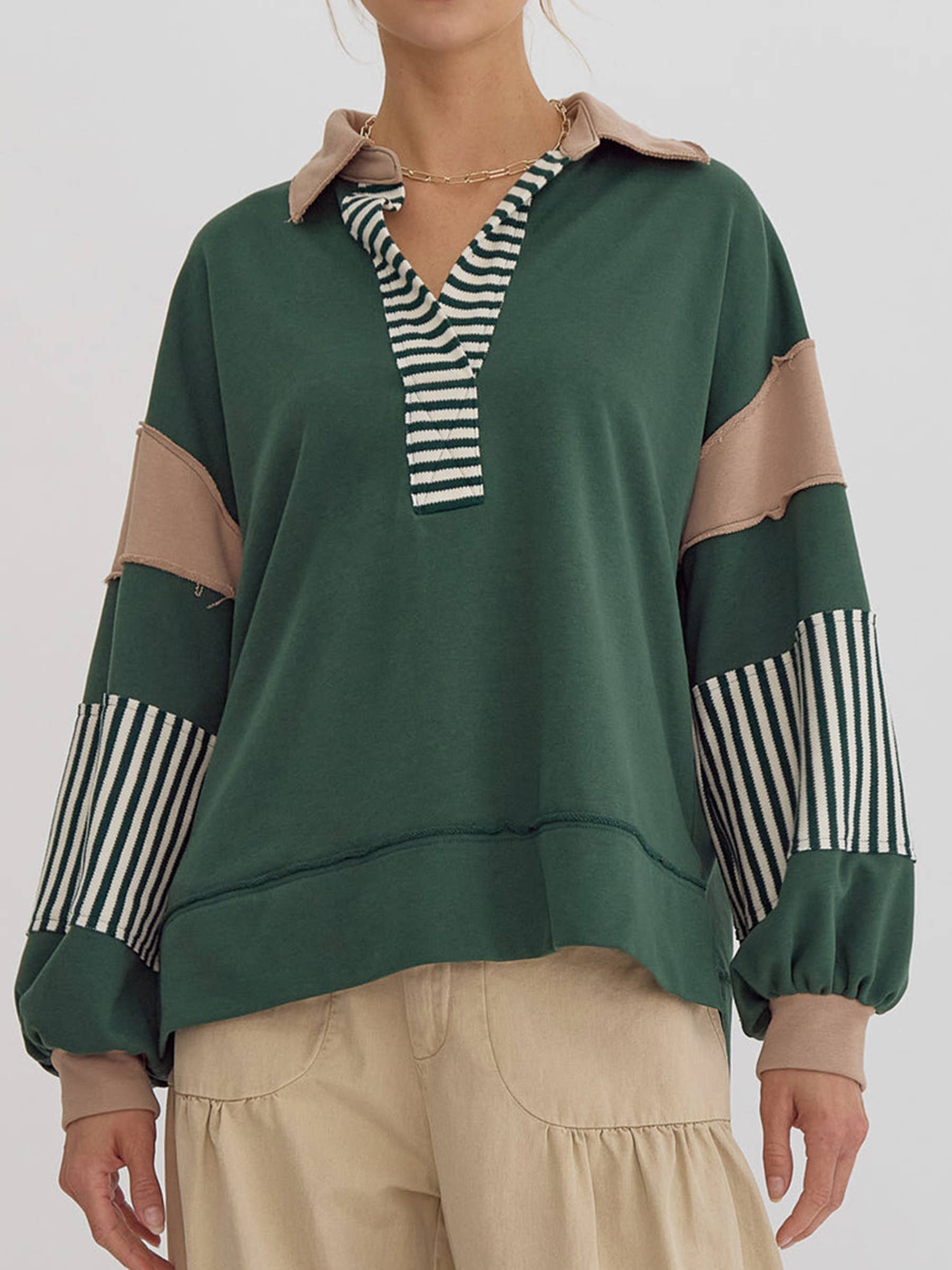 Wholesalesir - Wholesale Sweatshirt - Women's - Polo Collar Striped Contrasting Patchwork Top4