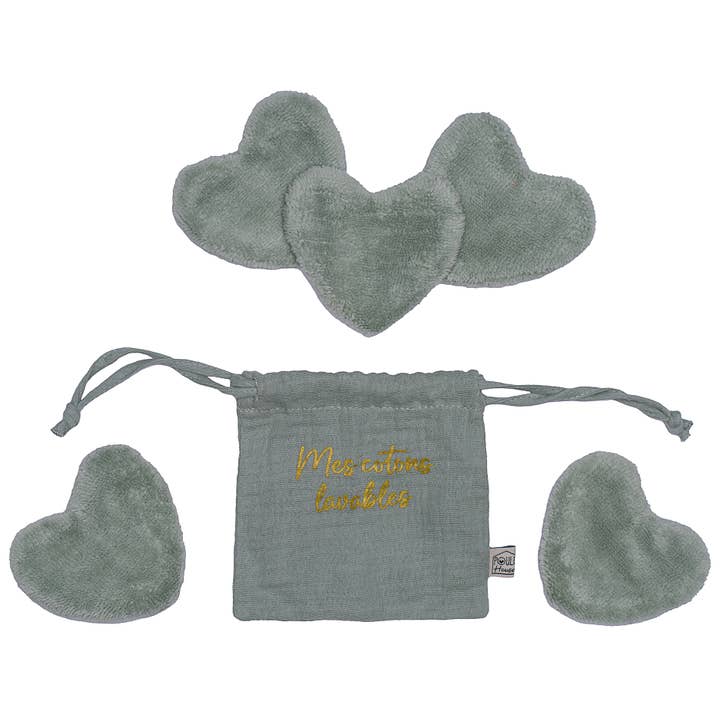 Set di 5 dischetti struccanti lavabili a forma di cuore in sacchetto - salvia per la vendita all'ingrosso da parte di Poule House