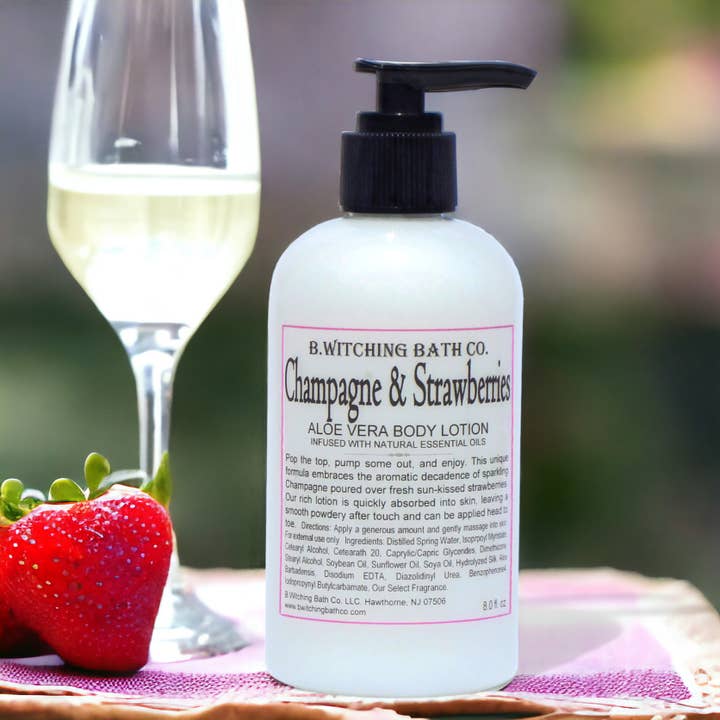 Champagne & Strawberries Aloe Vera Body Lotion 8oz. for wholesale by B. Witching Bath Co.