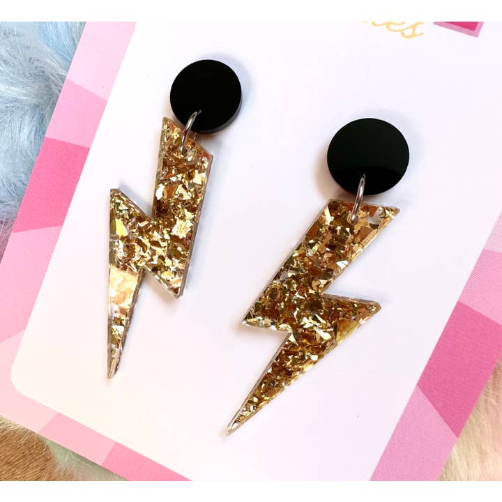 Little Olive Creates - Wholesale Dangle earrings - Sparkling Gold Glitter Lightning Bolt Statement Earrings3