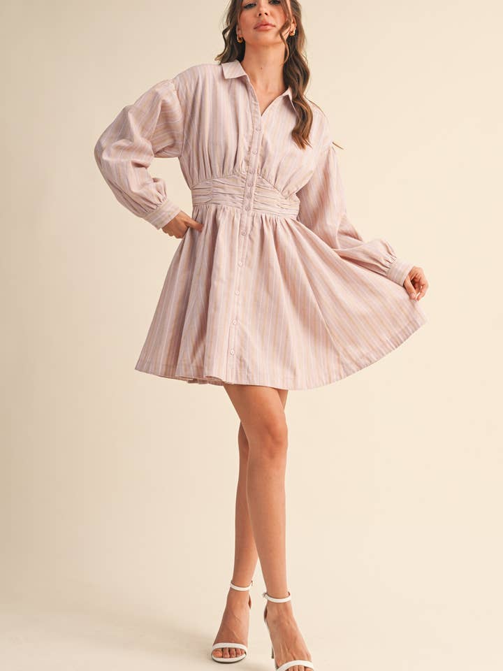&MERCI - Wholesale Dress - Women's - STRIPED BUTTON DOWN RUCHED WAIST MINI DRESS MDR418310