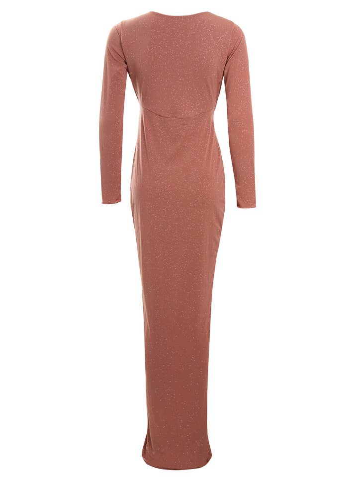 Clara - Nude - Glittery Plunge Front Knot Floor Length Dress for wholesale on Faire7