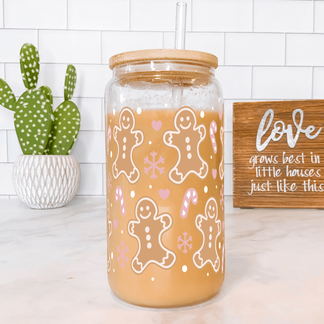 Sip-Sip Hooray! - Venta al por mayor Vaso/copa - Vaso rosa de pan de jengibre con tapa y pajilla2