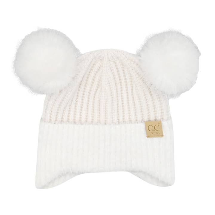 C.C Beanie - Wholesale Beanie - Kids - Kids C C Faux Fur Earflap Double Pom Beanie