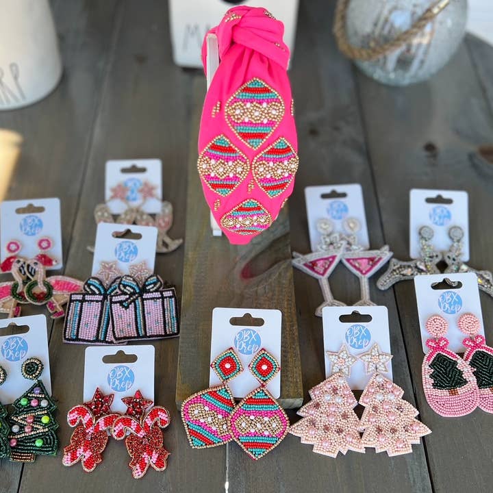 OBX Prep - Wholesale Fashion Headband - Women's - Pink Christmas Ornament Beaded Handmade Headband7