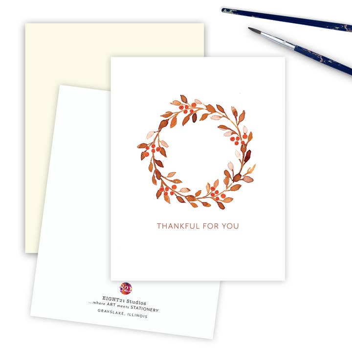 Harvest Fall Leaf Wreath Thankful for You Fall Greeting Card for wholesale by Eight21 Studios + Unique Greeting Cards, Art and Stationery