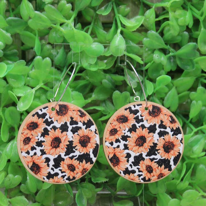 Sunflower on Cow Print Circle Wood Hood Dangle Earrings for wholesale by Hylidae Boutique