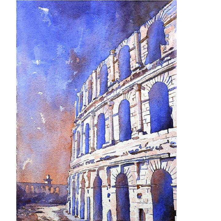 Roman Coliseum in the town of El-Djem, Tunisia. Watercolor painting of ruins of Roman Coliseum in Tunisia home decor ruins wall art blue for wholesale by Ryan Fox Fine Art