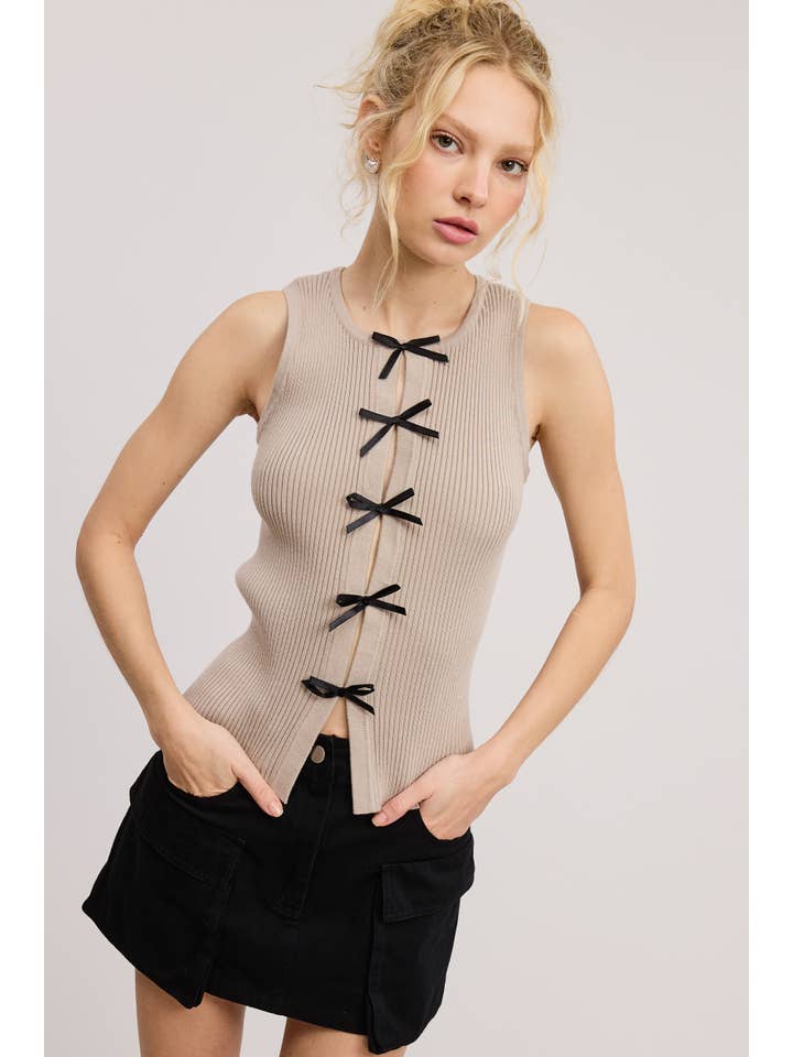 Mimosa - Wholesale Tank Top - Women's - Vintage Bow Ribbon Detail Knit Sweater Tank Top3