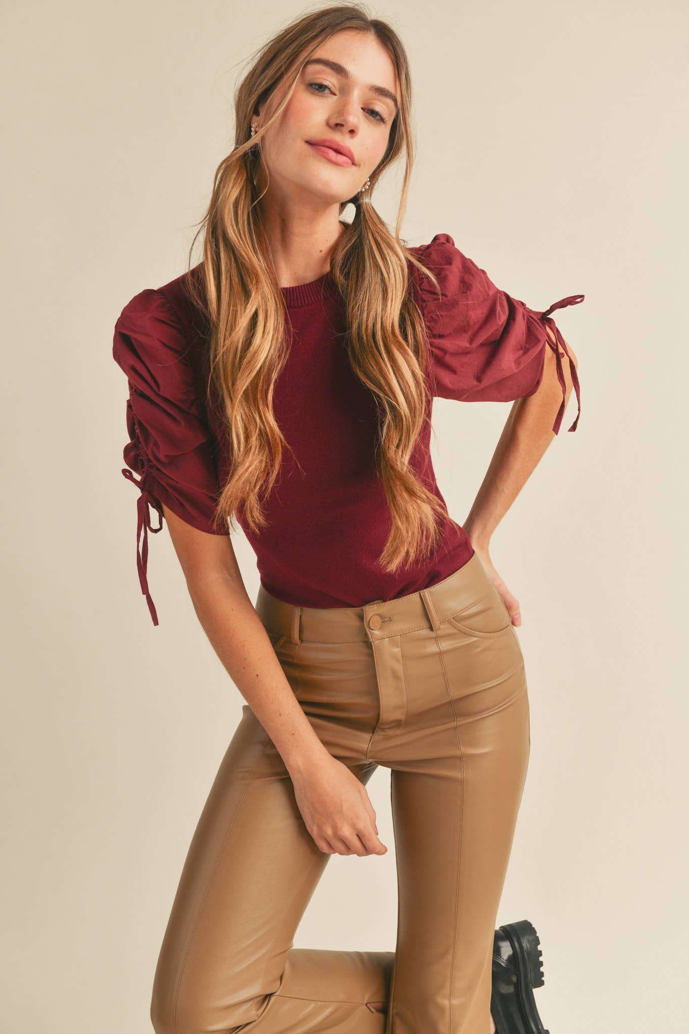 &MERCI - Wholesale Knit Top - Women's - RUCHED SLEEVE MIXED MEDIA TOP MSW246426