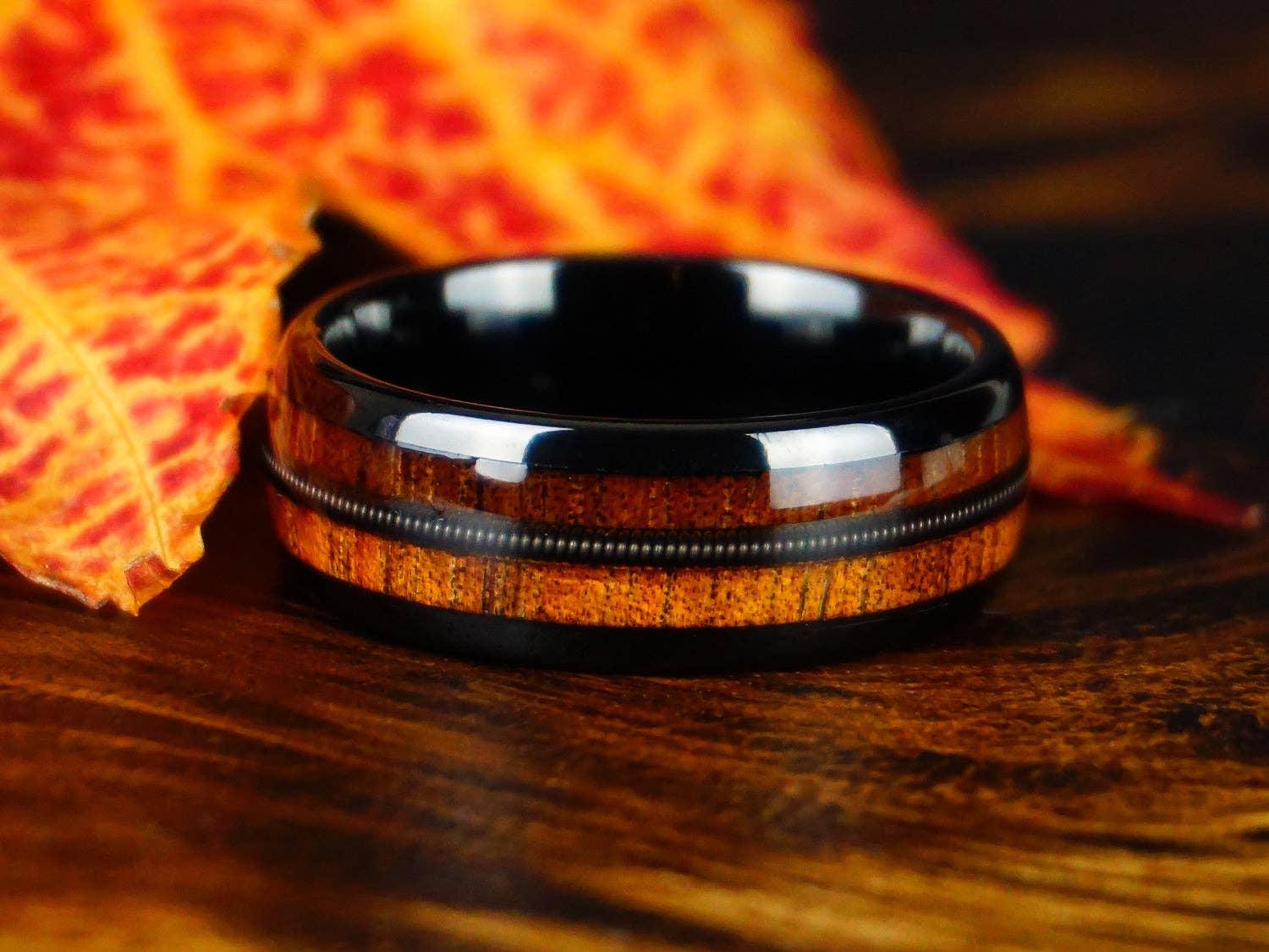 Redwood Rings - Wholesale Band/Stacked Ring - Black Tungsten Ring, Guitar String and Koa Wood Inlay - 8MM8