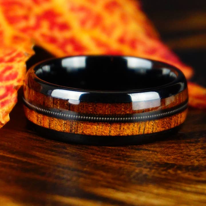 Redwood Rings - Wholesale Band/Stacked Ring - Black Tungsten Ring, Guitar String and Koa Wood Inlay - 8MM8