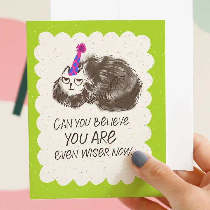 Funny Grumpy Cat Birthday Card “Even Wiser Now”, A2 for wholesale by Esther Nariyoshi Illustrations