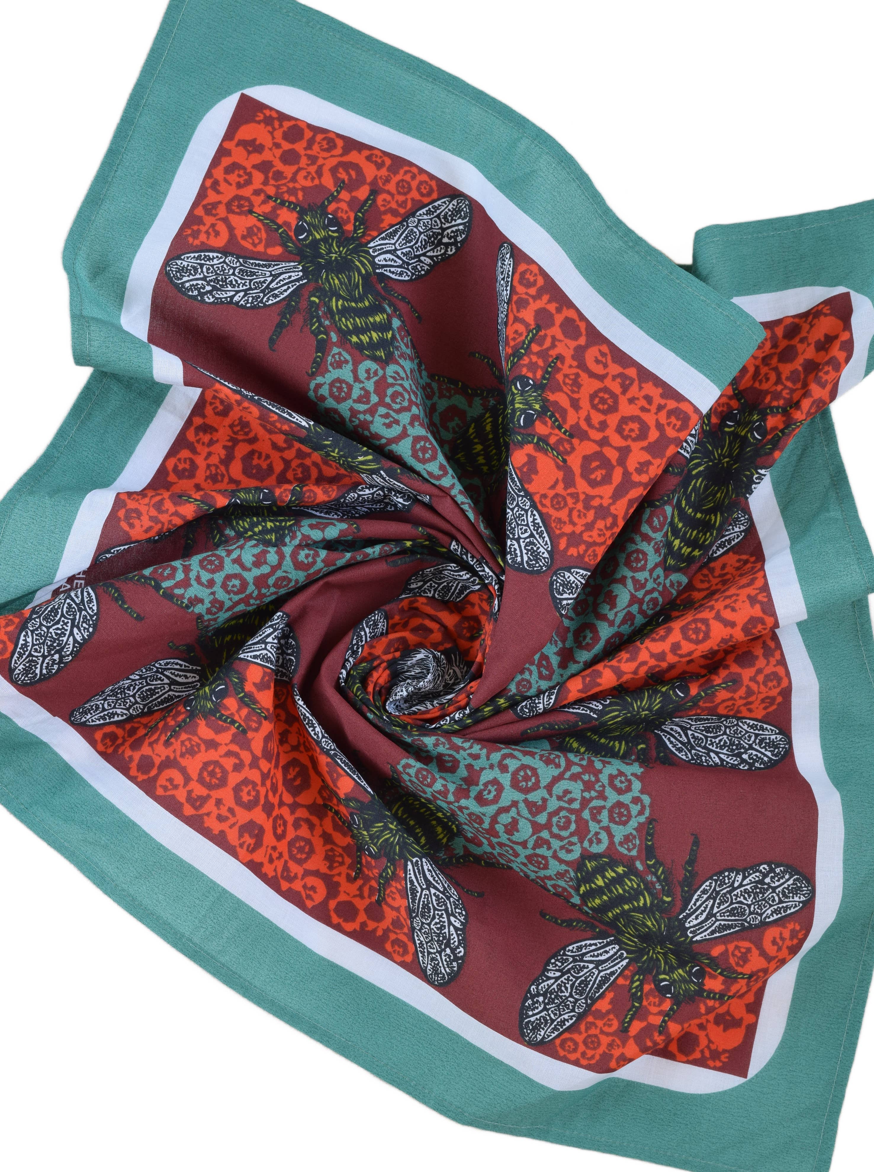 Hearth and Harrow – wholesale Bandana – Unisex – Honeybee Bandana - 100% Cotton - Red and Teal - Hand Printed7