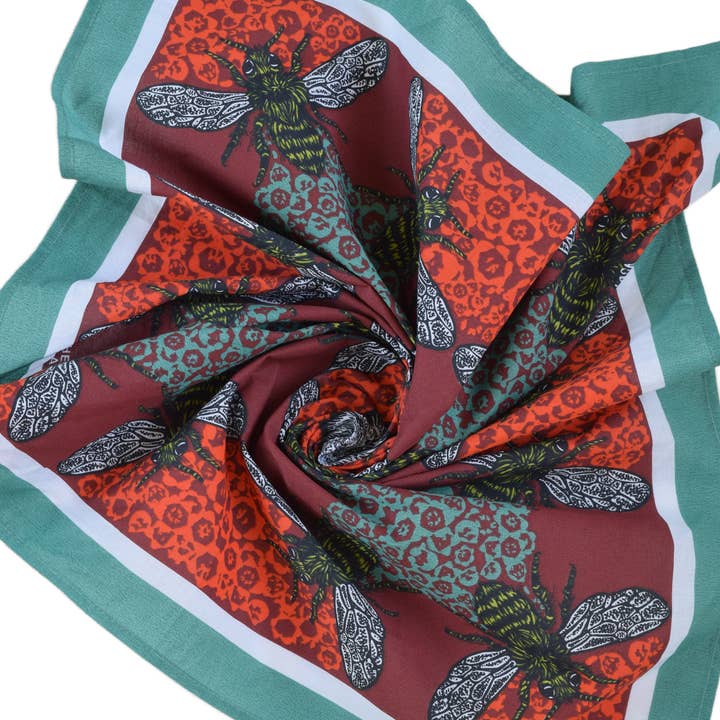 Hearth and Harrow - Wholesale Bandana - Unisex - Honeybee Bandana - 100% Cotton - Red and Teal - Hand Printed7