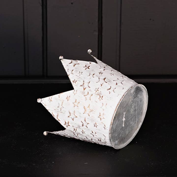 Impressive Enterprises, Inc. - Wholesale Decorative Tabletop Object - M32813-Vintage white metal Crown container w. star (5inH)3