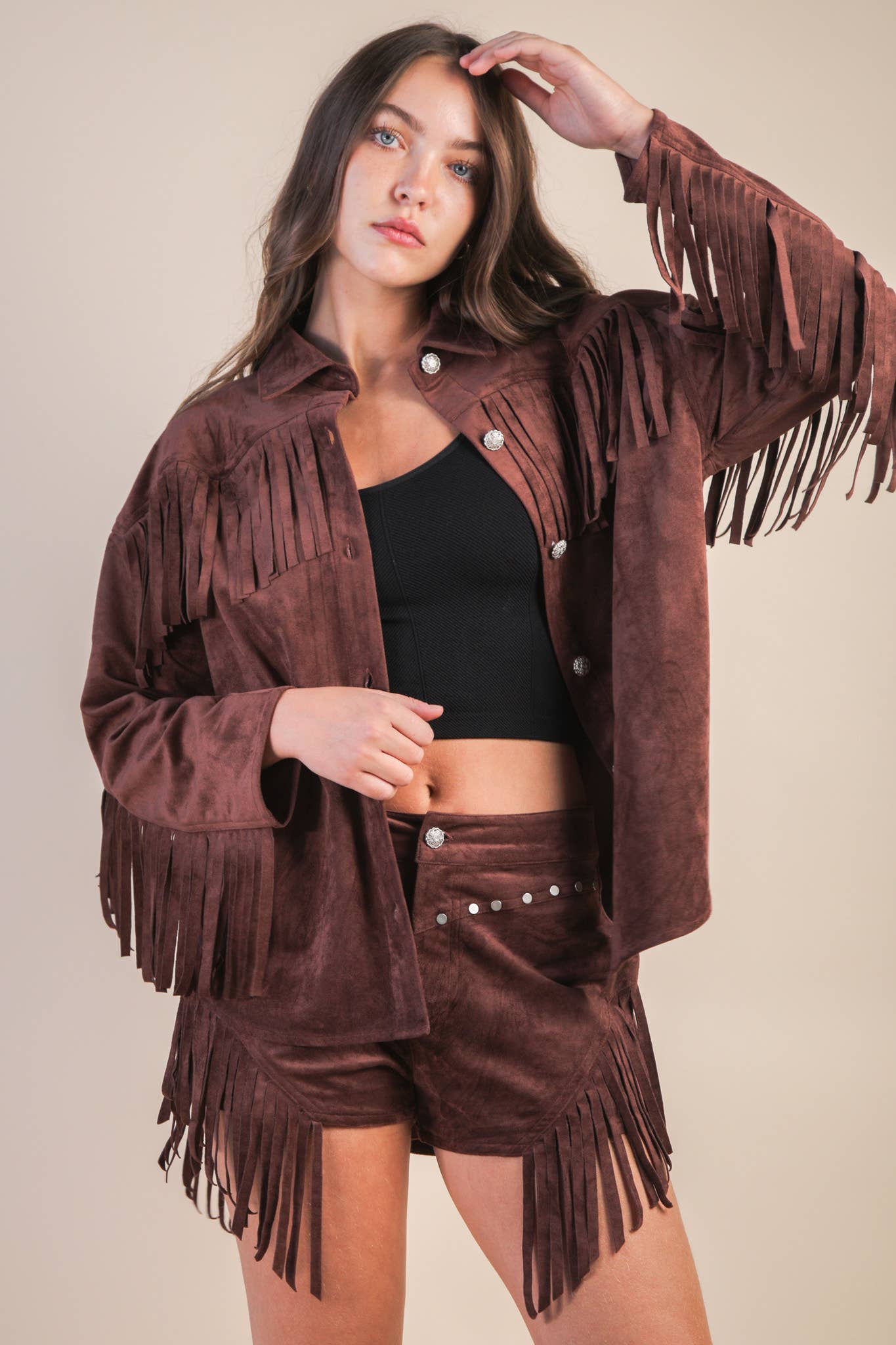 VERY J - Wholesale Jacket - Women's - NJ90387-Suede Fring Detail Western Jacket Shacket11