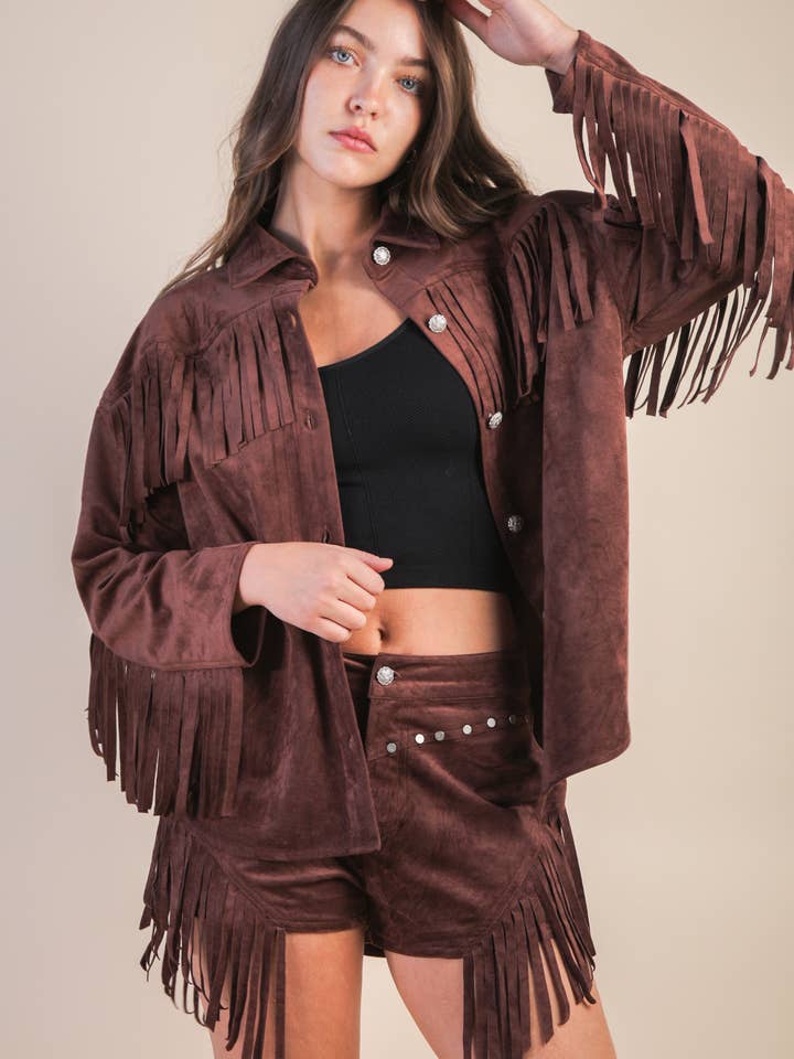 NJ90387-Suede Fring Detail Western Jacket Shacket and other Purchase Wholesale fringe jacket. Free Returns & Net 60 Terms on Faire trending on Faire.