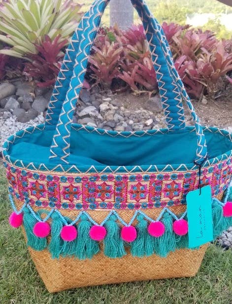 La Mar - Vente Sac de plage - Sac en paille avec pompons, perles et franges (LMH06)1