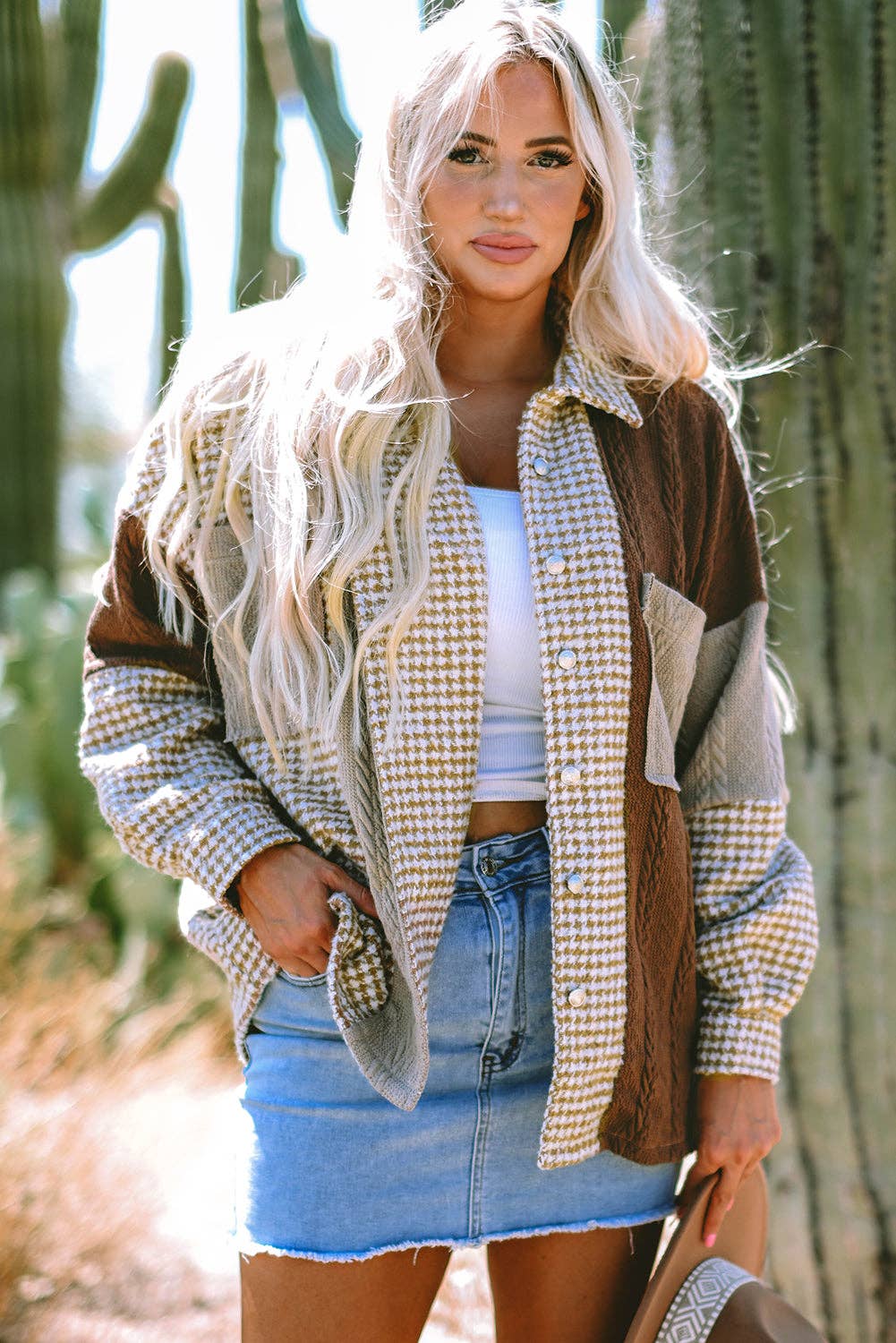 Khaki Houndstooth Color Contrast Textured Patchwork Shacket for wholesale on Faire2