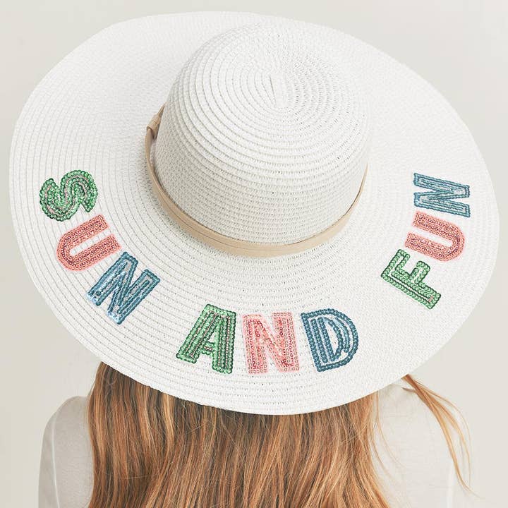 Sun And Fun Sequin Message Straw Panama Sun Hat for wholesale by Sensibling Corp.