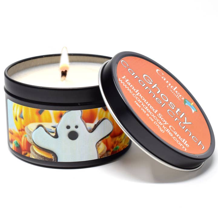 Ghostly Caramel Crunch, 6oz Soy Candle Tin for wholesale by Candeo Candle