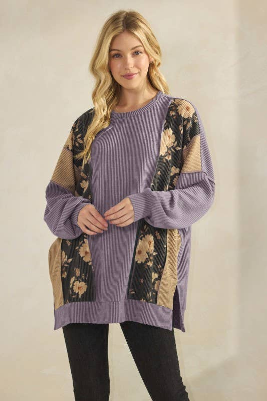 HEIMISH - Wholesale Tunic - Women's - ET7988-10 LONG SLEEVE SOLID AND FLORAL URBAN RIB TOP1