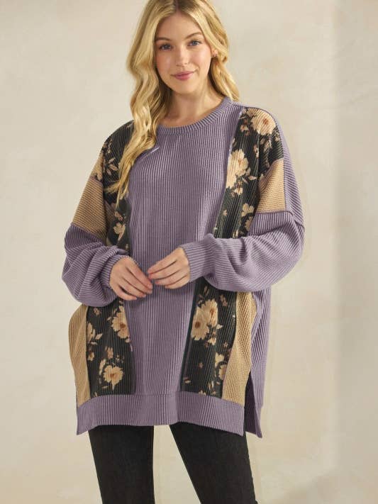 HEIMISH - Wholesale Tunic - Women's - ET7988-10 LONG SLEEVE SOLID AND FLORAL URBAN RIB TOP1