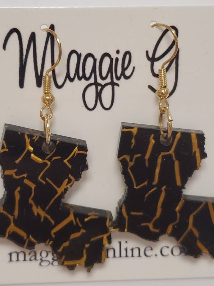Black and Gold / State of Louisiana / Acrylic Earrings for wholesale by Maggie G